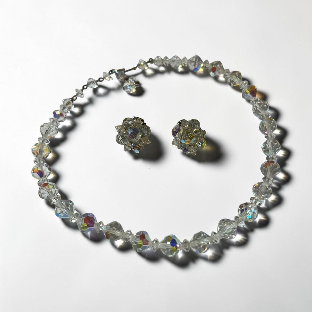 1950s Aurora Borealis Faceted Crystal Choker and Cluster Clip On Earrings Set